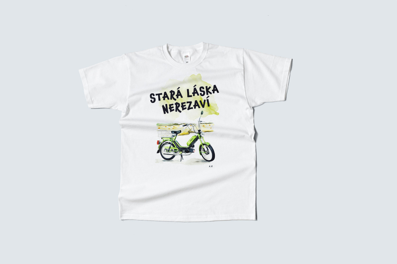 Přilby a doplňky - Tričko s potiskem Stará láska nerezaví Babetta, bílé - vyberte velikost: