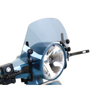 Čelní sklo s černými držáky Moto Nostra š=340mm, v=105mm Vespa PX80, PX125, PX150, PX200, LML 125/150, šedá tónovaná Star/Stella