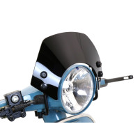 Čelní sklo s černými držáky Moto Nostra š=340mm, v=105mm Vespa PX80, PX125, PX150, PX200, LML 125/150 Star/Stella černá