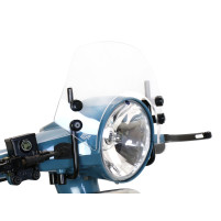 Čelní sklo s černými držáky Moto Nostra š=340mm, v=105mm Vespa PX80, PX125, PX150, PX200, LML 125/150 Star/Stella čiré