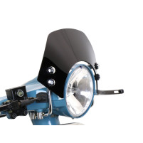 Čelní sklo s chromovanými držáky Moto Nostra š=340mm, v=105mm Vespa PX80, PX125, PX150, PX200, LML 125/150 Star/Stella černá