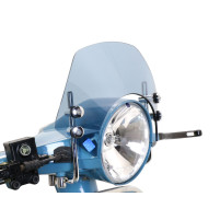 Čelní sklo s chromovanými držáky Moto Nostra š=340 mm, v=105 mm Vespa PX80, PX125, PX150, PX200, LML 125/150, šedá tónovaná Star/Stella